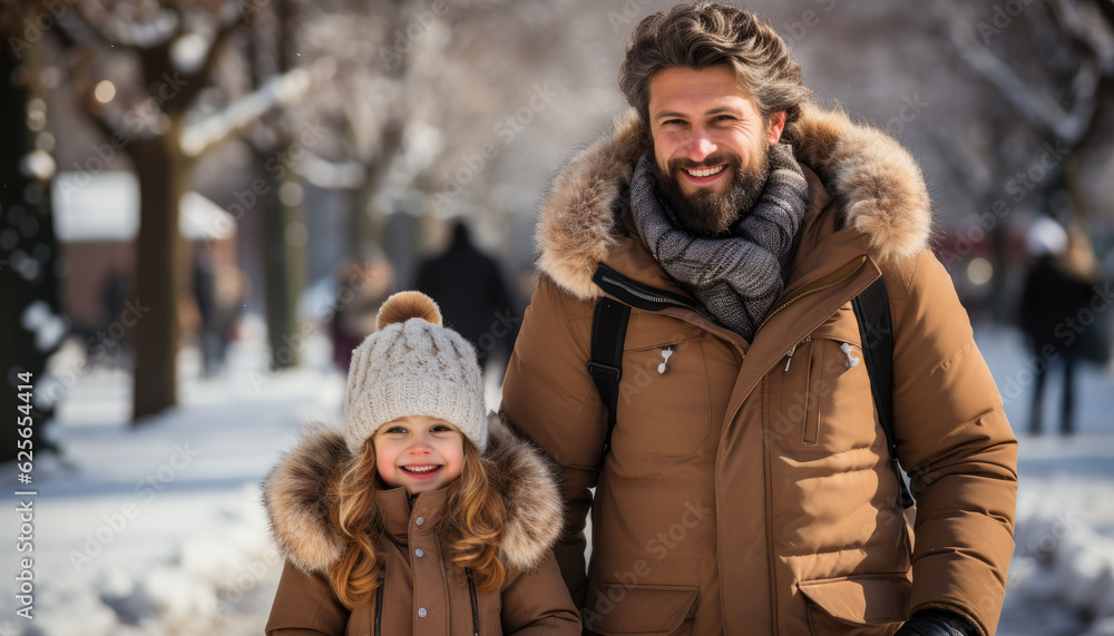 father and daughter take a walk in the land of happiness in winter father and daughter take a walk in the land of happiness in winter
