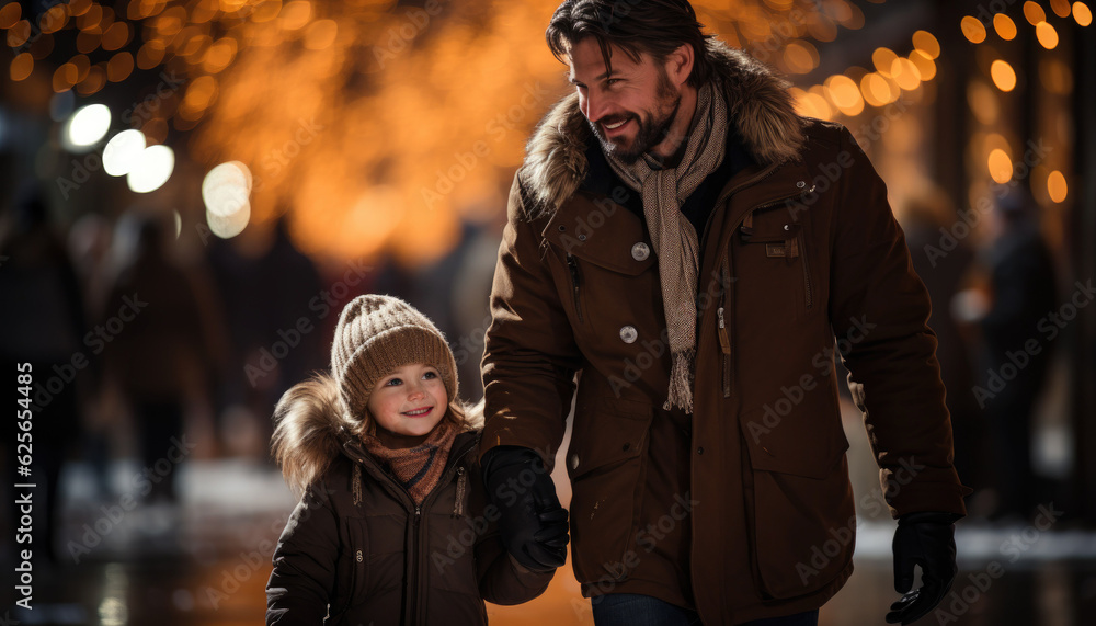 father and daughter take a walk in the land of happiness in winter father and daughter take a walk in the land of happiness in winter
