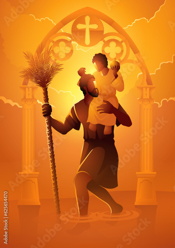 Religion vector illustration series, Saint Christopher carrying the Christ Child wading through a river with a stick