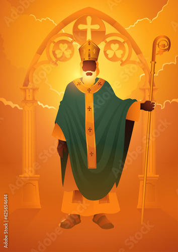 Religion vector illustration series, Saint Patrick the Irish apostle holding his staff