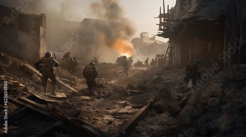 troop walks over rubble at dawn