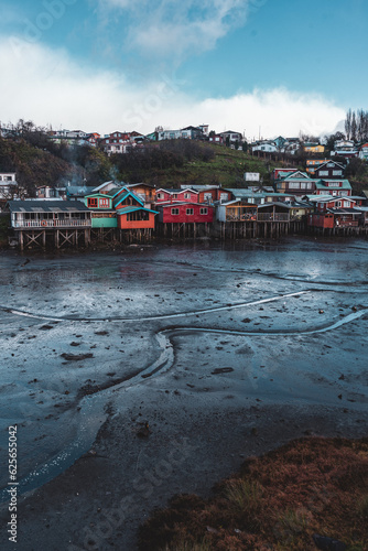 palafitos stilted houses in Castro on chiloe in Chile at low tide