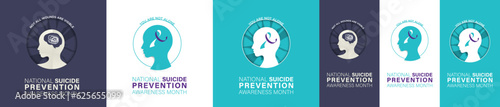 Set of National Suicide Prevention Awareness Month Greeting Cards and Story posters. Head and awareness ribbon concept. Editable Vector Illustration. EPS 10.