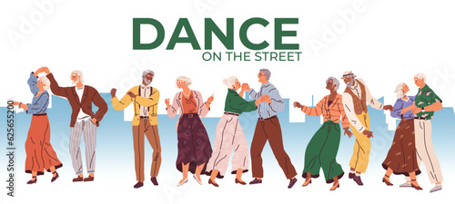 Old people dancing. Vector illustration. Man and woman hold hands and demonstrate dance moves. Grandma and grandpa at the dance. Retired senior couple dancing together. Aged people having fun