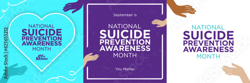 September is National Suicide Prevention Awareness Month greeting card set. Two hands reaching out to each other. Editable Vector Illustration. EPS 10