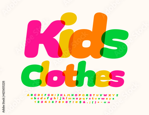 Vector bright logo Kids Clothes with watercolor cute Font. Trendy Alphabet Letters  Numbers and Symbols set