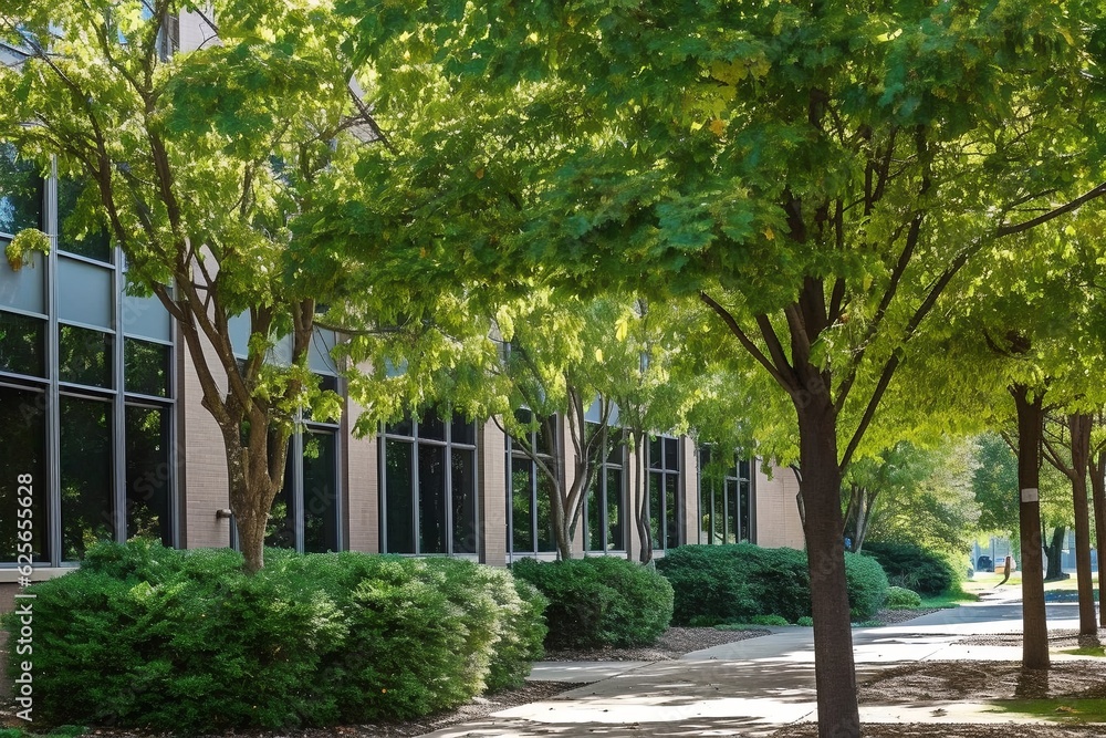 School building exterior with green trees and lawn, generative ai School building exterior with green trees and lawn, generative ai