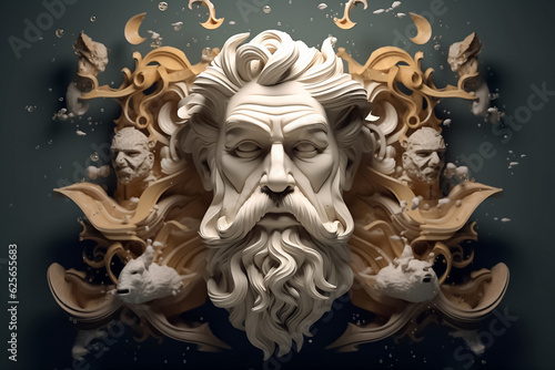 Mockup 3d statue of powerful and handsome bearded Greek Mythology GOD at smooth gradient Plain background. Generative AI.