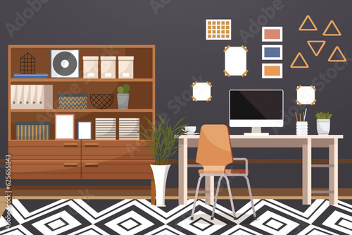 Home office. Interior vector illustration. Work from home. The room serves as a versatile workspace for various tasks Workspace is carefully designed to enhance efficiency and creativity Furniture in