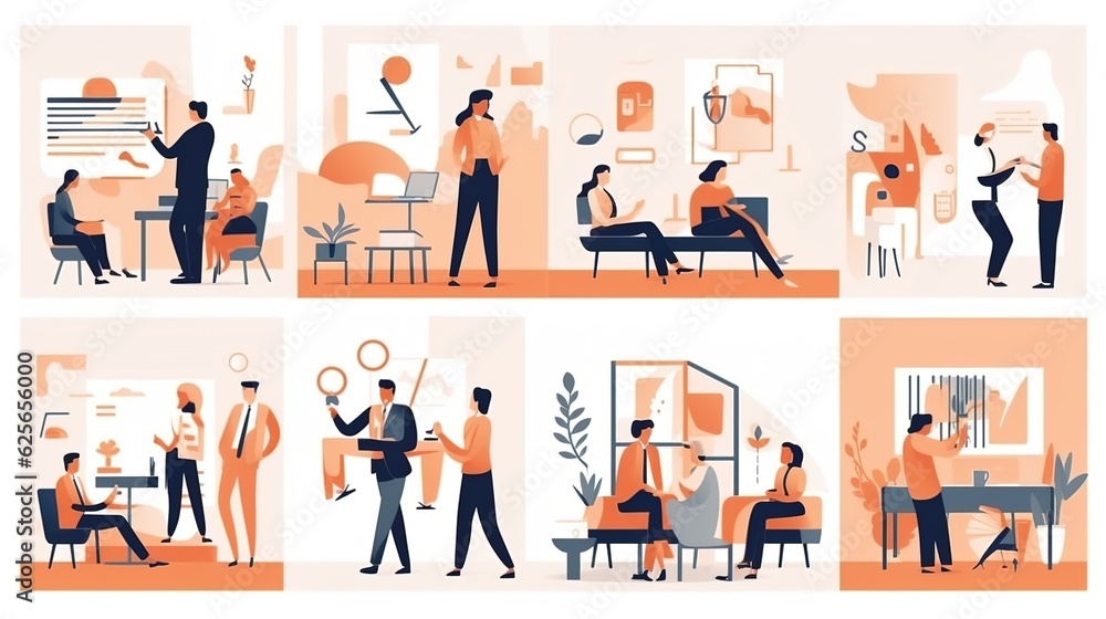 Business Concept illustrations. Collection of scenes with men and women taking part in business activities.Business Strategy research,Business icons.illustrations Business Concept illustrations. Collection of scenes with men and women taking part in business activities.Business Strategy research,Business icons.illustrations