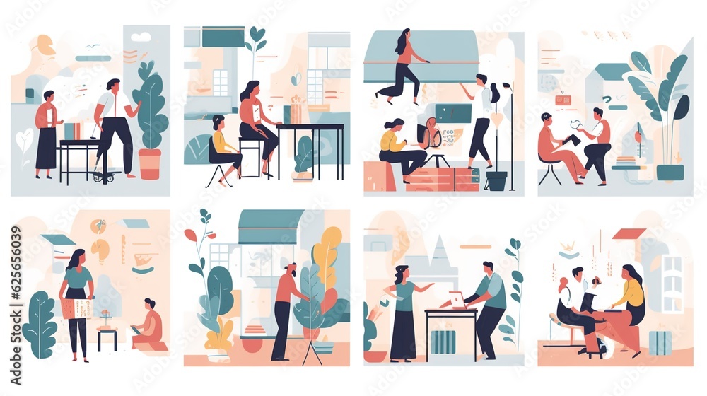 Business Concept illustrations. Collection of scenes with men and women taking part in business activities.Business Strategy research,Business icons.illustrations