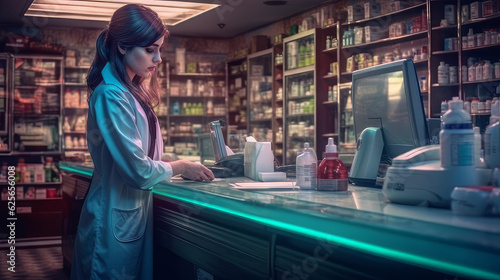 pharmacist woman sells drugs in a pharmacy