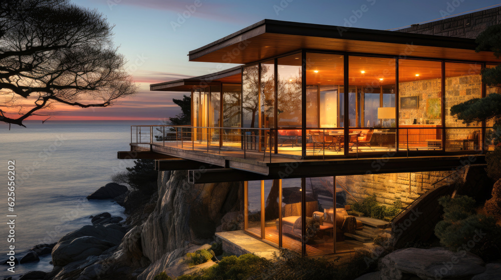 Exterior photo of a modern style house overlooking the ocean. Generative AI