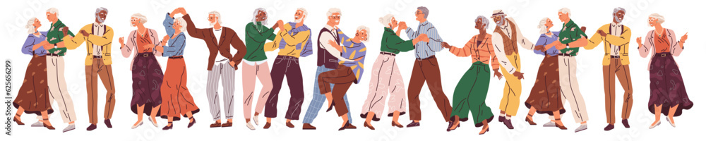 Old couple dance. Vector illustration. Grandpa does dance support, grandma. Elderly couple dancing at party. Cartoon old man and woman dancing. Happy grandmother and grandfather couples hugging