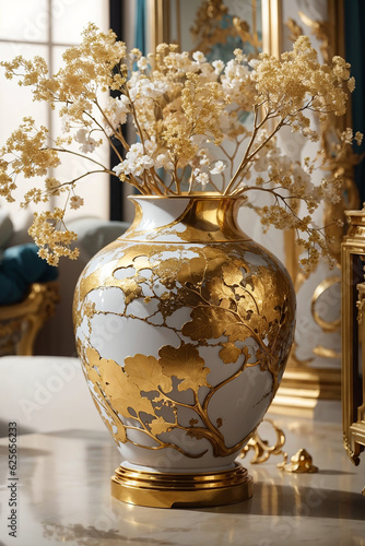 Stunning broken antique vase, gold-filled cracks, timeless allure in a curated interior setting.