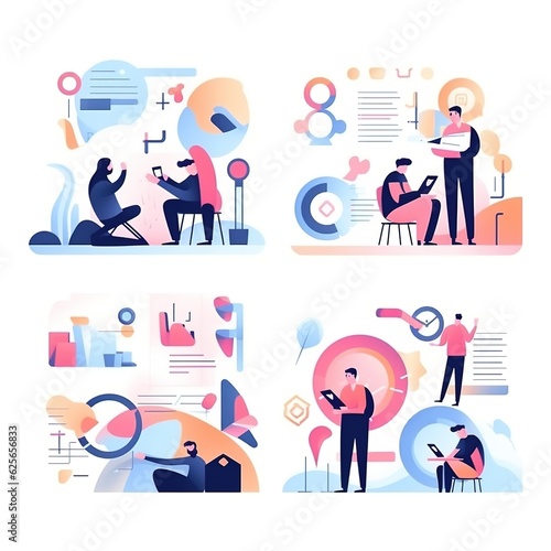 Business Concept illustrations. Collection of scenes with men and women taking part in business activities.Business Strategy research,Business icons.illustrations