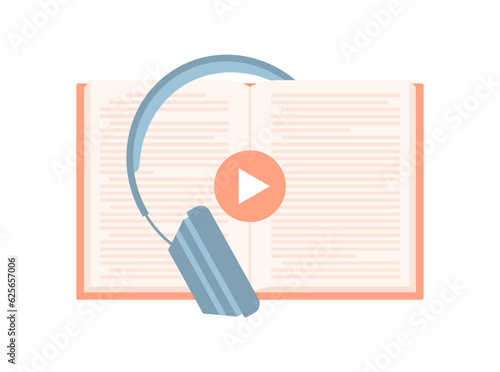Open book with headphones and play button isolated on white background. Flat vector illustration
