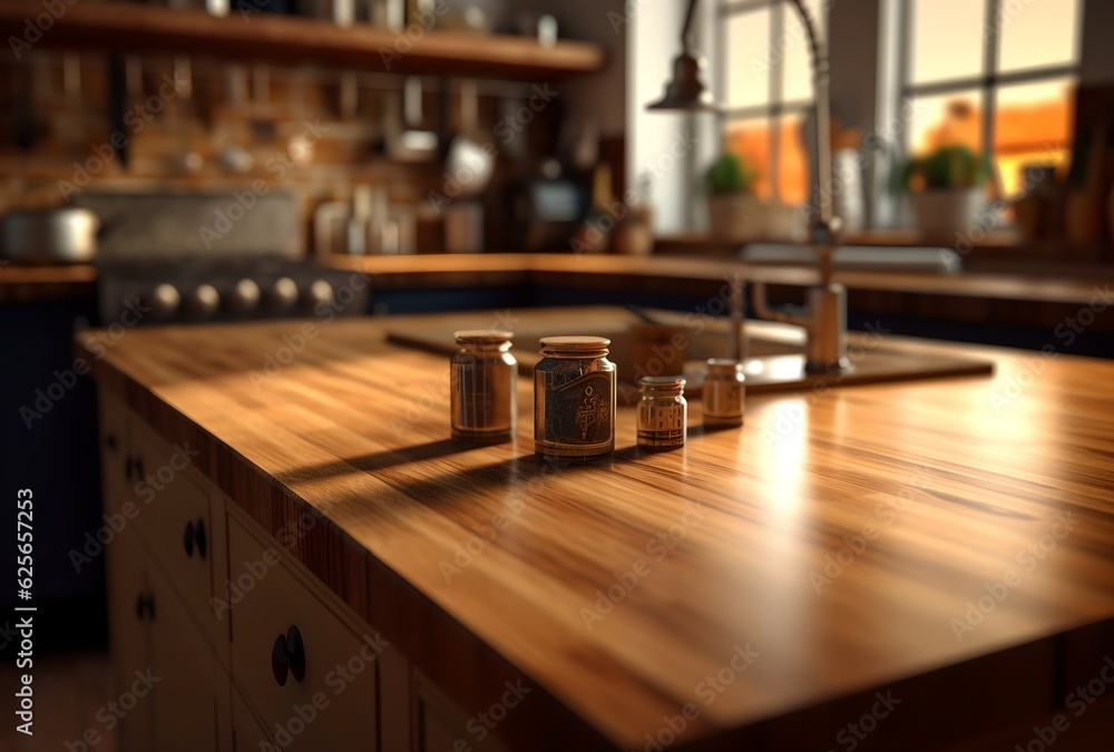 Kitchen table, wooden tabletop, generative ai