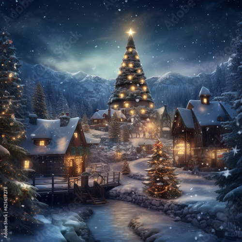 Christmas card - a festive Christmas tree in a picturesque snowy village