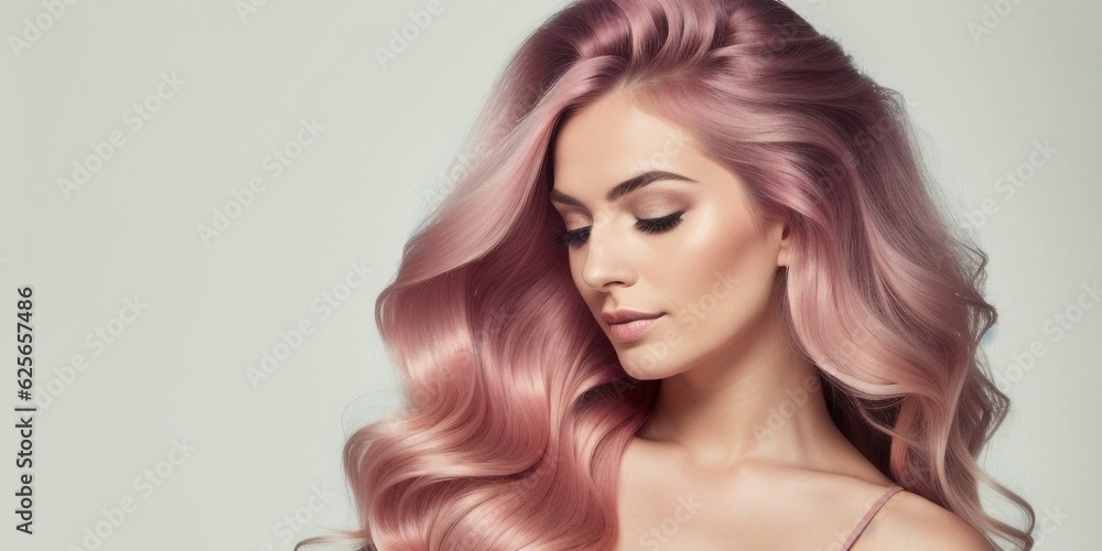Naklejka premium Beauty pink haired woman with shiny hair, generative ai
