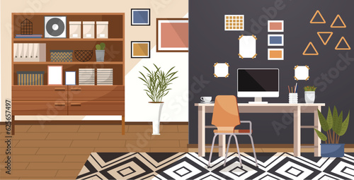 Home office. Interior vector illustration. Work from home. Coming home after long day at office Work and home life Furniture in office carefully chosen for functionality and style Working from home