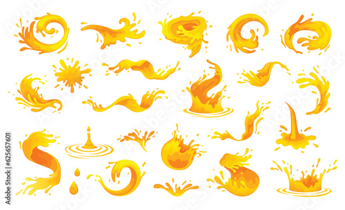 Orange juice splash, mango splashes. Orange soda spill, dripping water. Vector illustration set. Fresh pineapple juice logo. Papaya splash river. Realistic orange splashes spray on white background