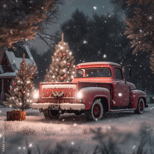 Christmas card - a festive red truck parked in front of a beautifully decorated Christmas tree