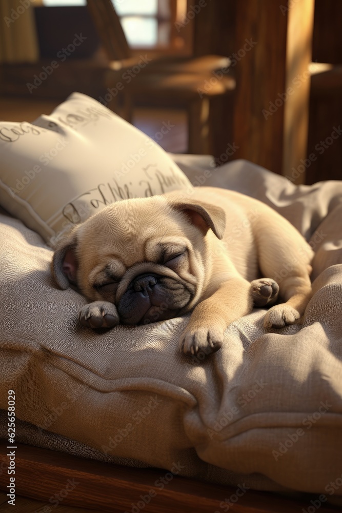 3D Illustration of a sleepy pug puppy taking a nap on a plush pillow ai generate