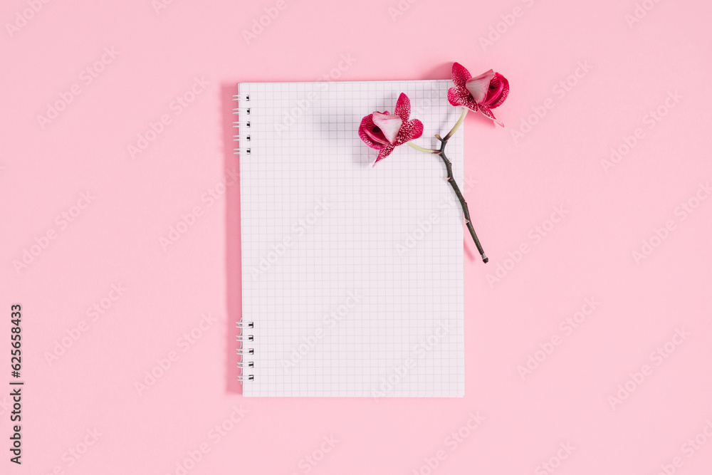 Flat lay, top view of blank open notebook mockup and orchid flowers on pastel pink background