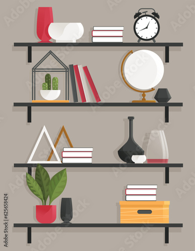 Book shelves with decor items. Cartoon design style bookshelves with plant, boxes, vase and books. Home library on wall. Hanging shelf with decorations. Office or home furniture indoor design