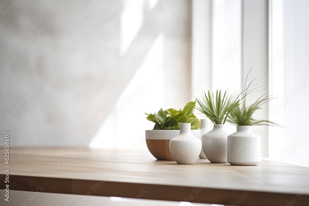 Wooden tabletop, blank wall copy space, generative ai Wooden tabletop, blank wall copy space, generative ai
