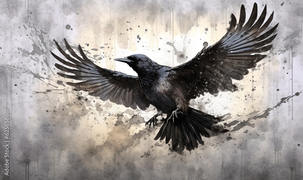 Naklejka premium Raven flying, watercolor, generative ai