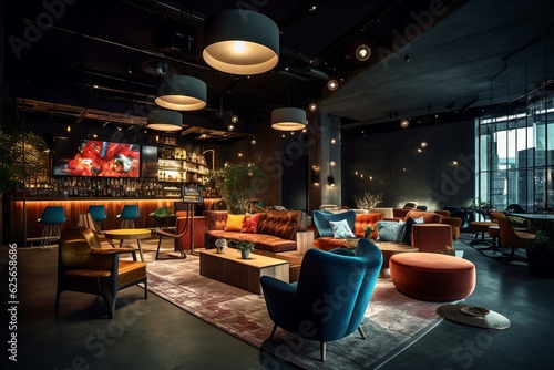 Dark lounge loft interior bar, generative ai photo