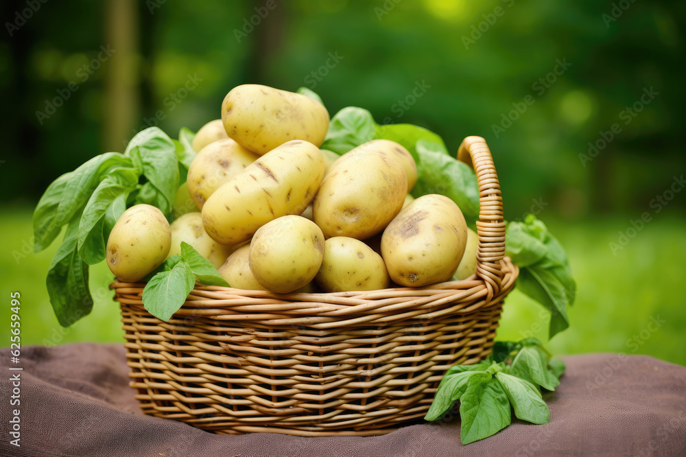 Wicker basket full of potatoes on green leaves background