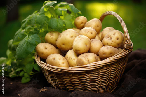 Wicker basket full of potatoes on green leaves background