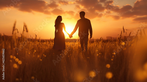 Couple holding hands in a field at sunset. concept passion and love, Generative Ai © oldwar