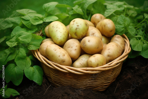 Wicker basket full of potatoes on green leaves background