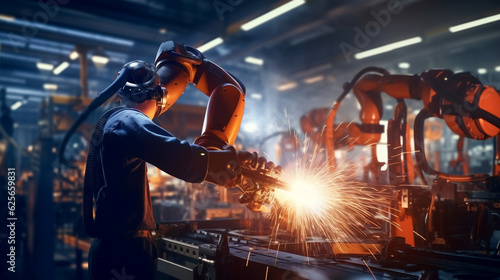 Engineer check and control welding robotics automatic arms machine in factory automotive industrial. blurred digital manufacturing operation. digital ai. Industry 4.0, digital ai, Generative Ai