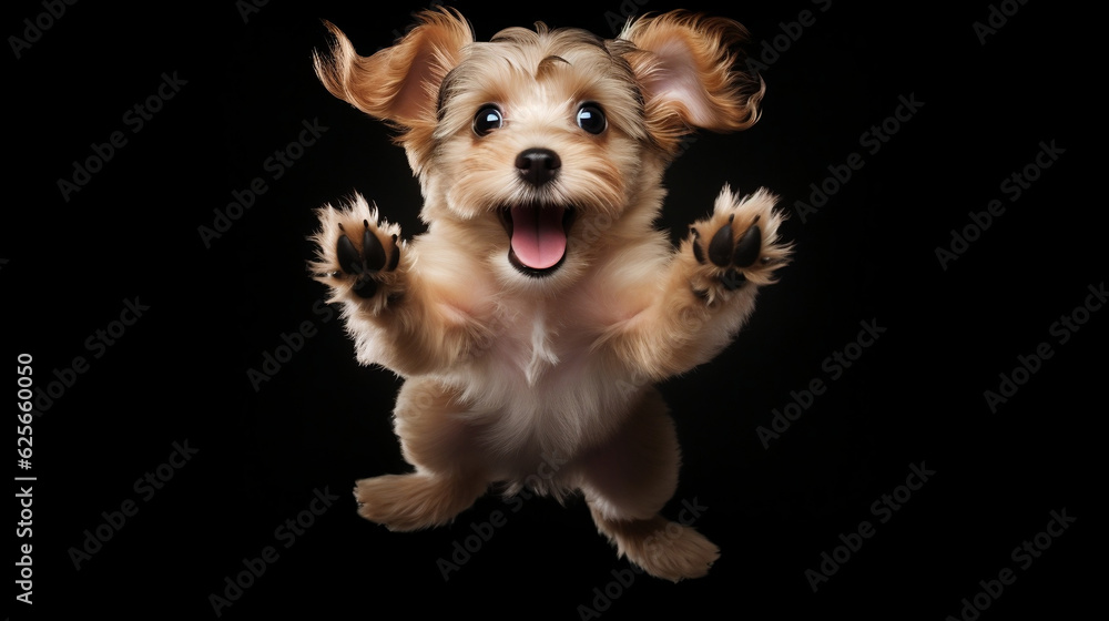 Funny dog in jump. jumping puppy. shocked surprised playful doggy or pet isolated on black background. crazy dog headshot smiling on black background with copy space, Generative Ai