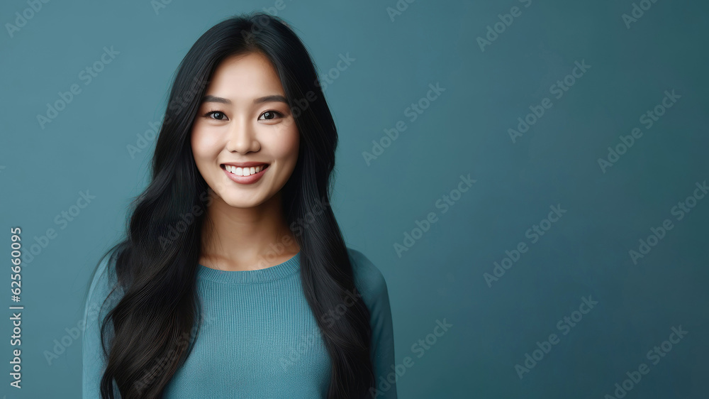 Asian woman in 30s smiling, long hair, blue background Asian woman in 30s smiling, long hair, blue background