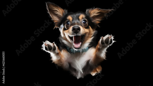 Funny dog in jump. jumping puppy. shocked surprised playful doggy or pet isolated on black background. crazy dog headshot smiling on black background with copy space, Generative Ai