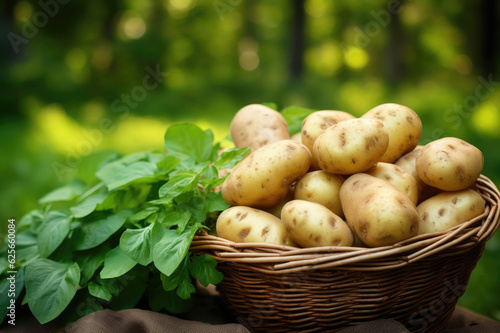 Wicker basket full of potatoes on green leaves background