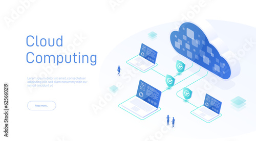 Cloud computing isometric. Big data flow processing concept, cloud database. Cloud Technology 3dillustration. Cloud computing technology users network configuration advertisement poster. 