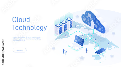 Cloud storage isometric. Cloud computing technology users network configuration. Internet data services. Online computing technology. 3d servers, data center connection network. Design landing page. 