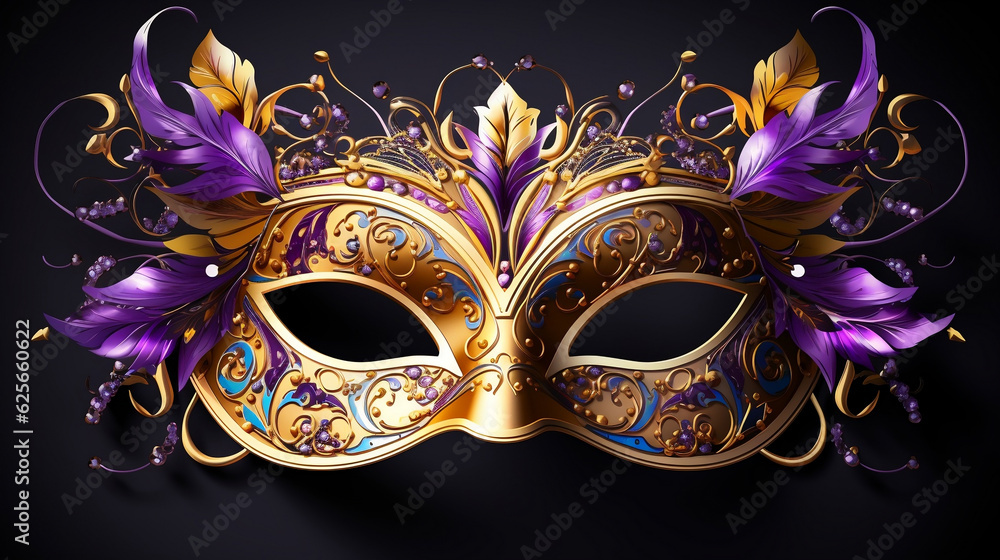 Mardi Gras masquerade mask. Venetian carnival celebration party. Colorful gold mystery theater festival background., Generative Ai