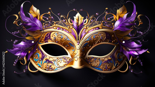 Mardi Gras masquerade mask. Venetian carnival celebration party. Colorful gold mystery theater festival background., Generative Ai