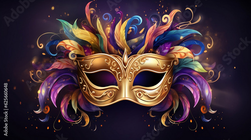 Mardi Gras masquerade mask. Venetian carnival celebration party. Colorful gold mystery theater festival background., Generative Ai © oldwar