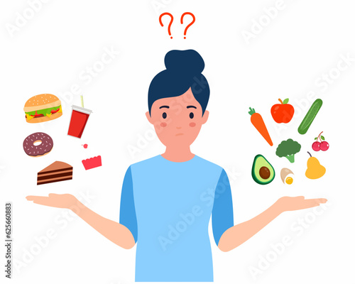 Woman choosing between healthy and unhealthy food good vs bad diet, lifestyle, eating concepts