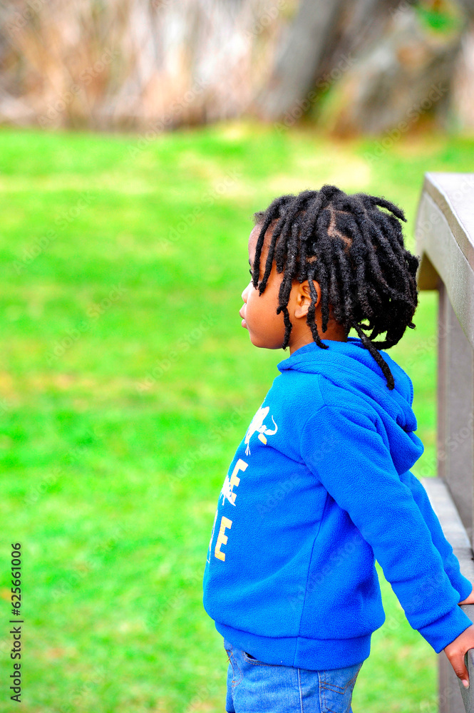 Portrait Photo of beautiful young black African boy with dreadlocks standing in a park. Portrait Photo of beautiful young black African boy with dreadlocks standing in a park.