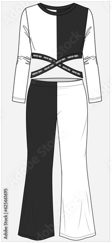 COLOR BLOCK LONG SLEEVES TEXT TAPING DETAIL CUT OUT STYLING KNIT TOP PAIRED WITH WIDE LEG FLARED KNIT TROUSERS COORDINATE SET DESIGNED FOR WOMEN TEEN GIRLS AND KID GIRLS IN EDITABLE FILE